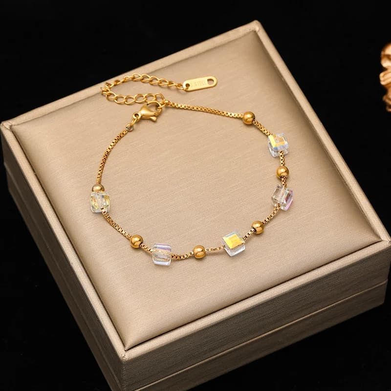 Stainless Steel Thin Colored Stone Charm Bracelet