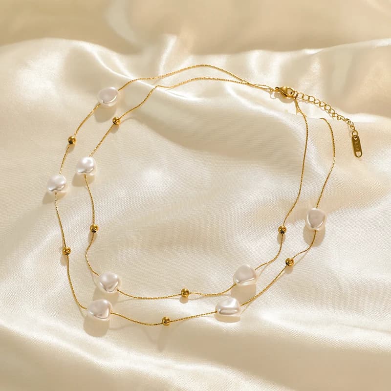 Stainless Steel Double Layer Irregular Pearl Necklace
