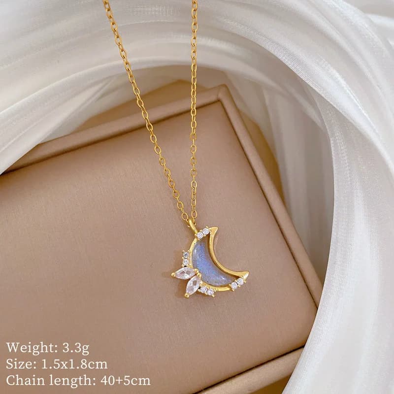 Moon Star Pendant Dangle Necklace, Stainless Steel