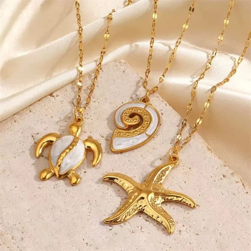 Pearl Shell Starfish Sun Charm Necklace, Gold