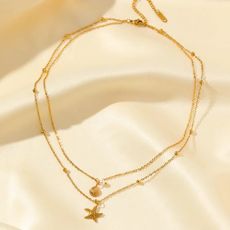 Double Chain Starfish Shell Pendant Necklace, Gold