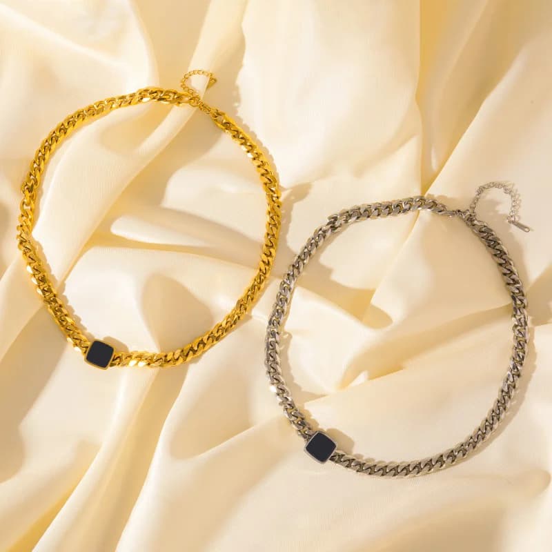 Square Black Stone Gold Color Necklace