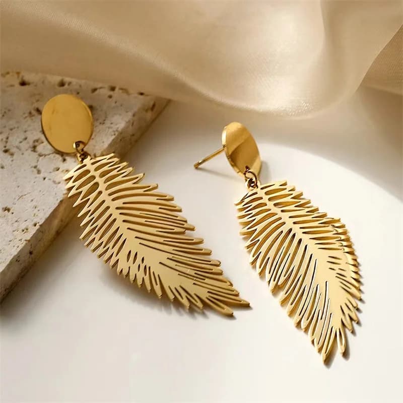 Gold Feather Leaf Drop Dangle Earrings