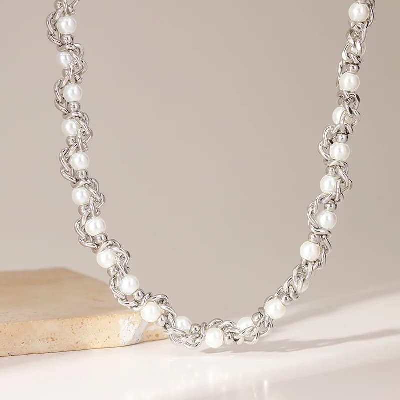 Silver Color Pearl Chain Choker Necklace