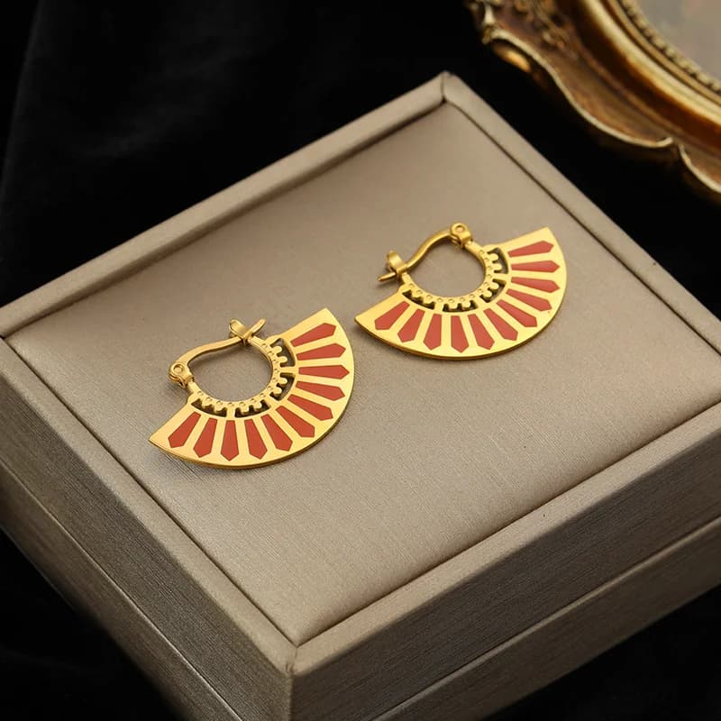 Fan Geometric Drop Hoop Earrings, Gold Color