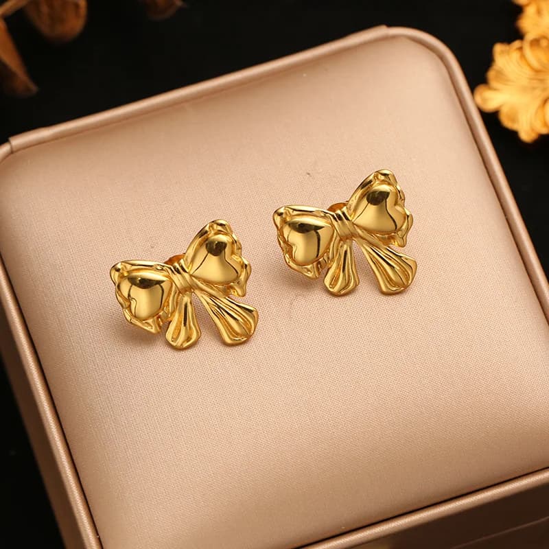 Stainless Steel Gold Bow Stud Earrings