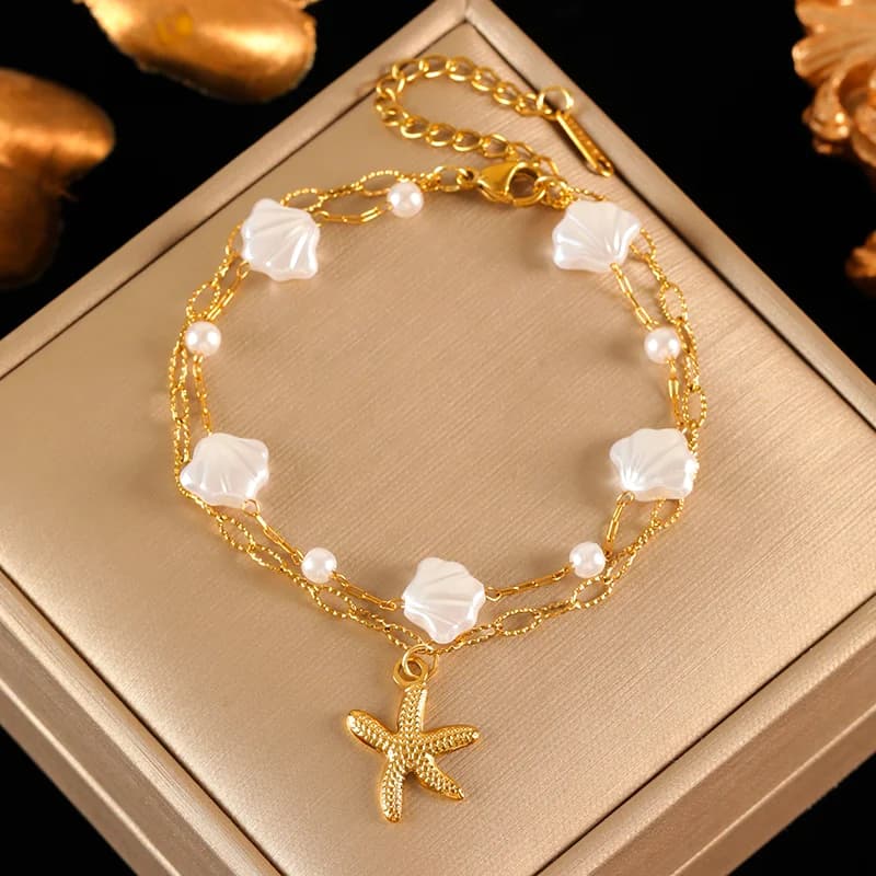 Starfish and Shell Charm Stainless Steel Bracelet