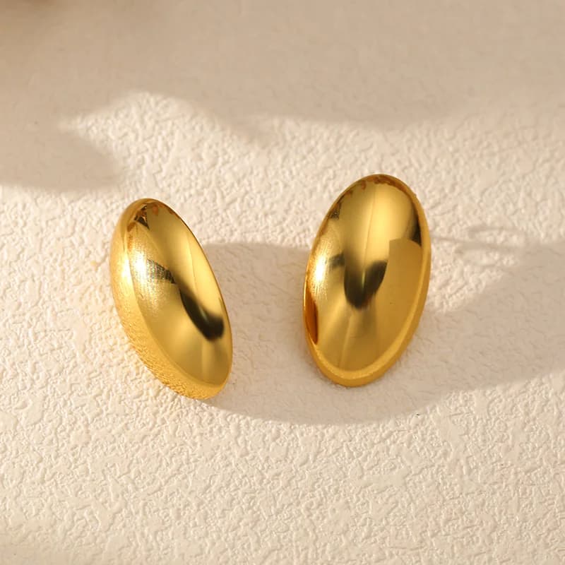 Golden Smooth Oval Stud Earrings, Stainless Steel