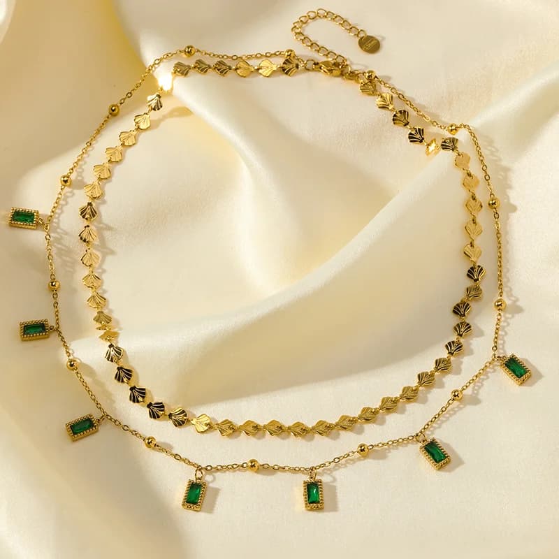 Square Green Crystal 2-Layer Necklace