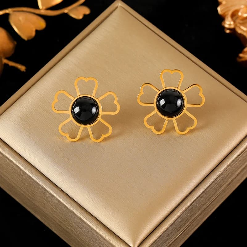 Black Stone Flower Necklace and Earring Set