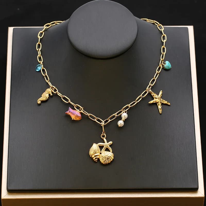 Shell Starfish Pendant Necklace, Ocean Style