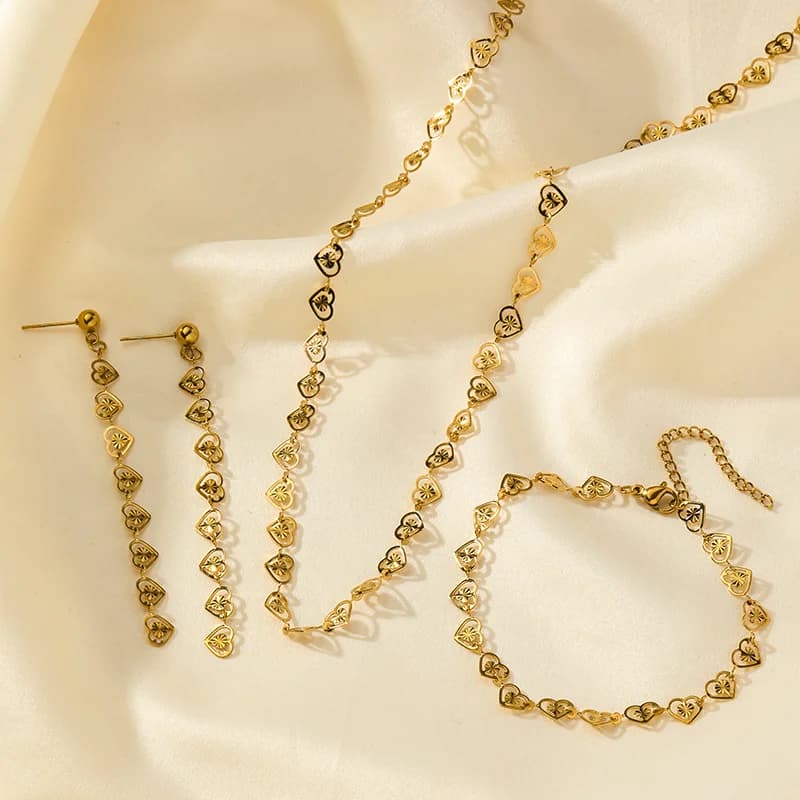 Silver Heart Necklace, Bracelet, and Earrings Set