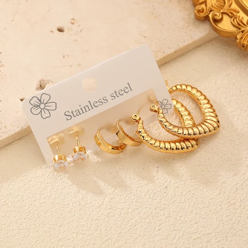 Stainless Steel Zircon Heart Stud Earring Set