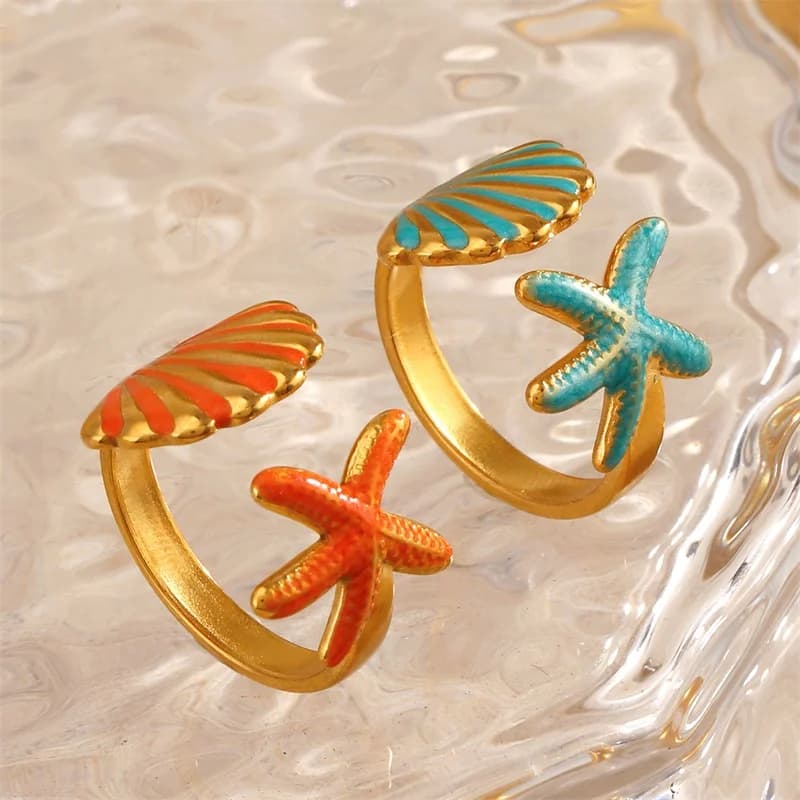 Enamel Starfish and Shell Adjustable Ring, Stainless Steel