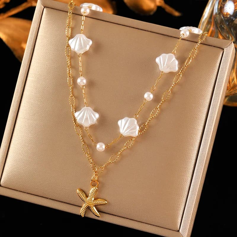 Double Chain Starfish Shell Pendant Necklace, Gold