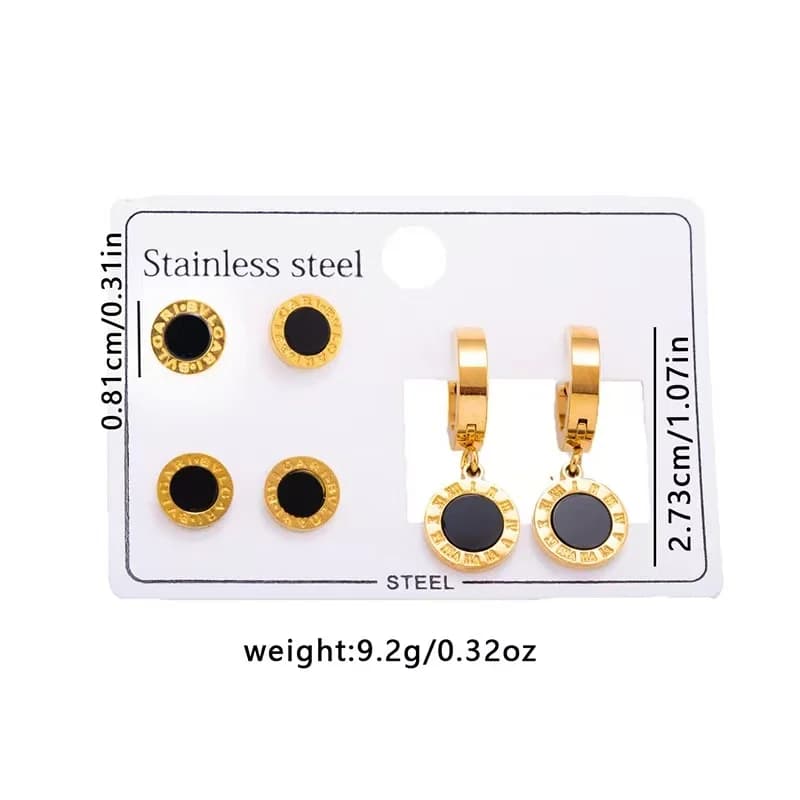3-Pair Round Black Roman Numeral Earrings Set