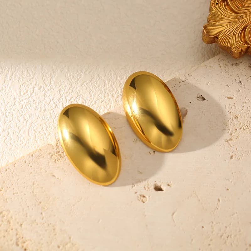 Golden Smooth Oval Stud Earrings, Stainless Steel