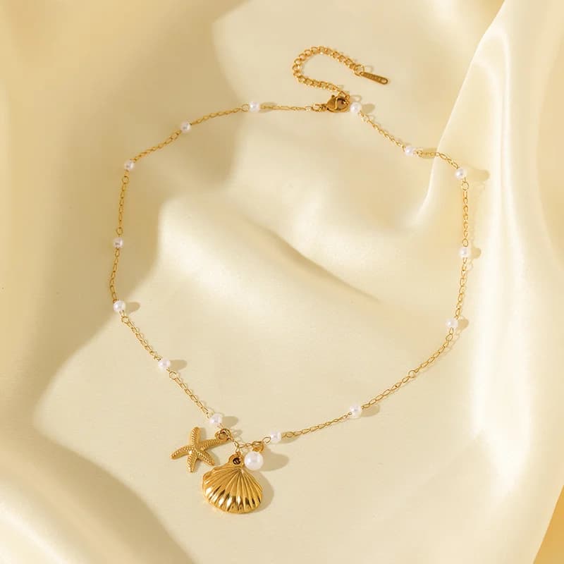Gold Starfish Shell Pearl Necklace and Earrings Set