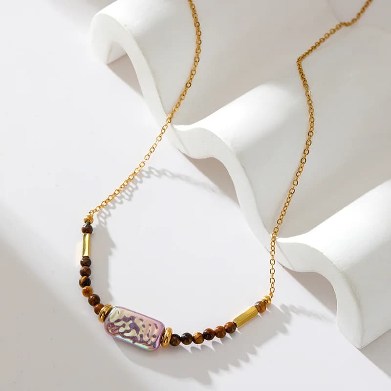 Stainless Steel Brown Stone Pendant Necklace