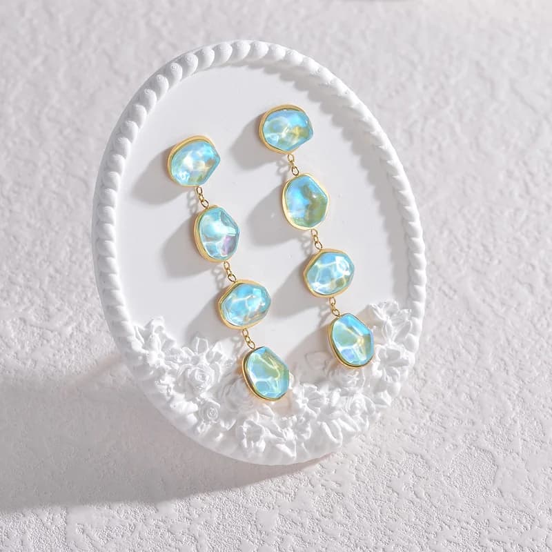 Blue Stone Drop Dangle Earrings, Gold Plated