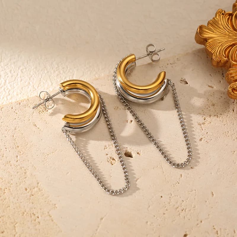 Geometric C-Shaped Tassel Earrings, 18K Gold