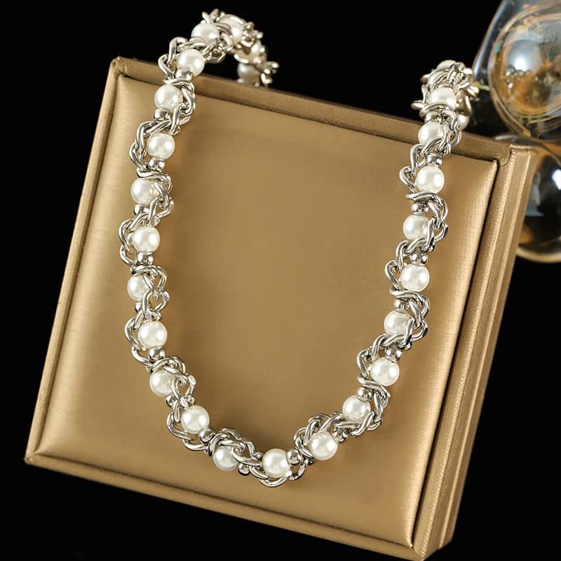 Silver Color Pearl Chain Necklace and Bracelet Set