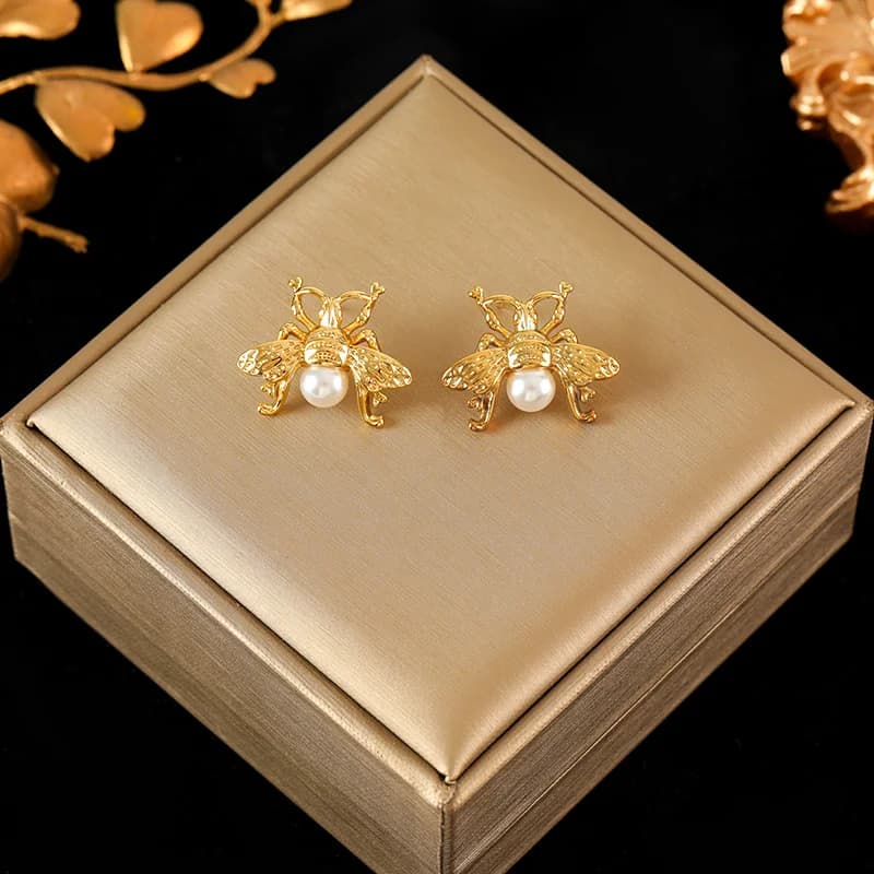 Cute Bee and Pearl Stud Earrings
