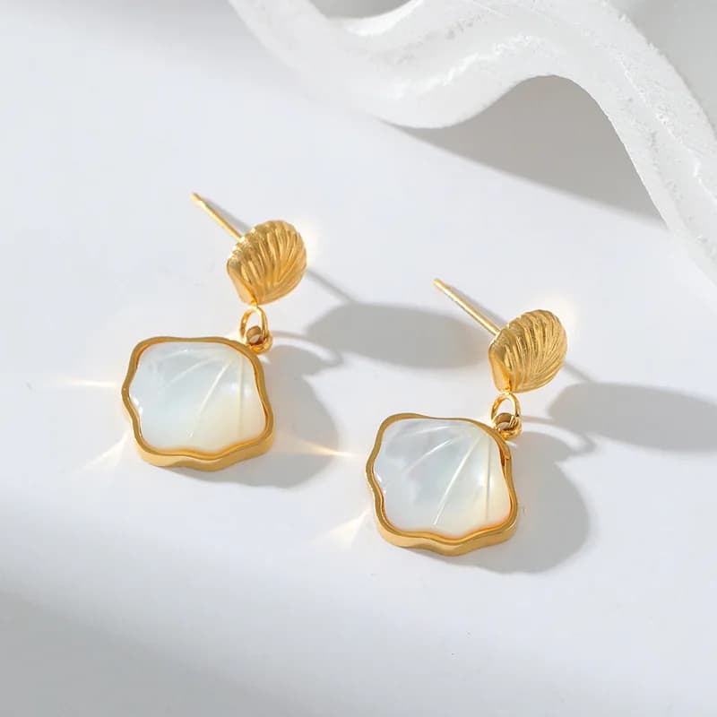 316L Stainless Steel White Stone Shell Dangle Earrings