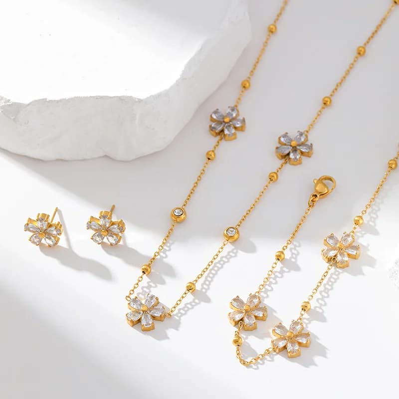 Zircon Flower Necklace, Earring and Bracelet Set