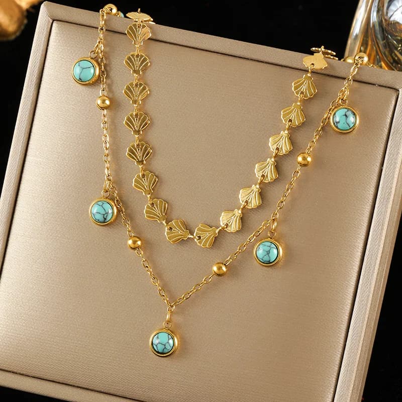 Stainless Steel Artificial Turquoise Double Layer Necklace