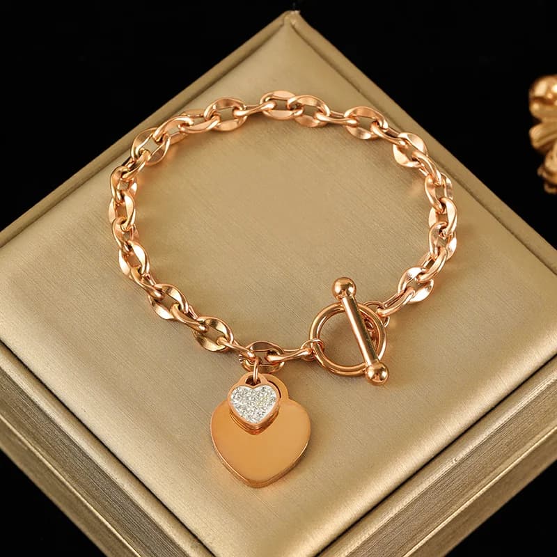 Double Heart Necklace and Bracelet Set, Silver