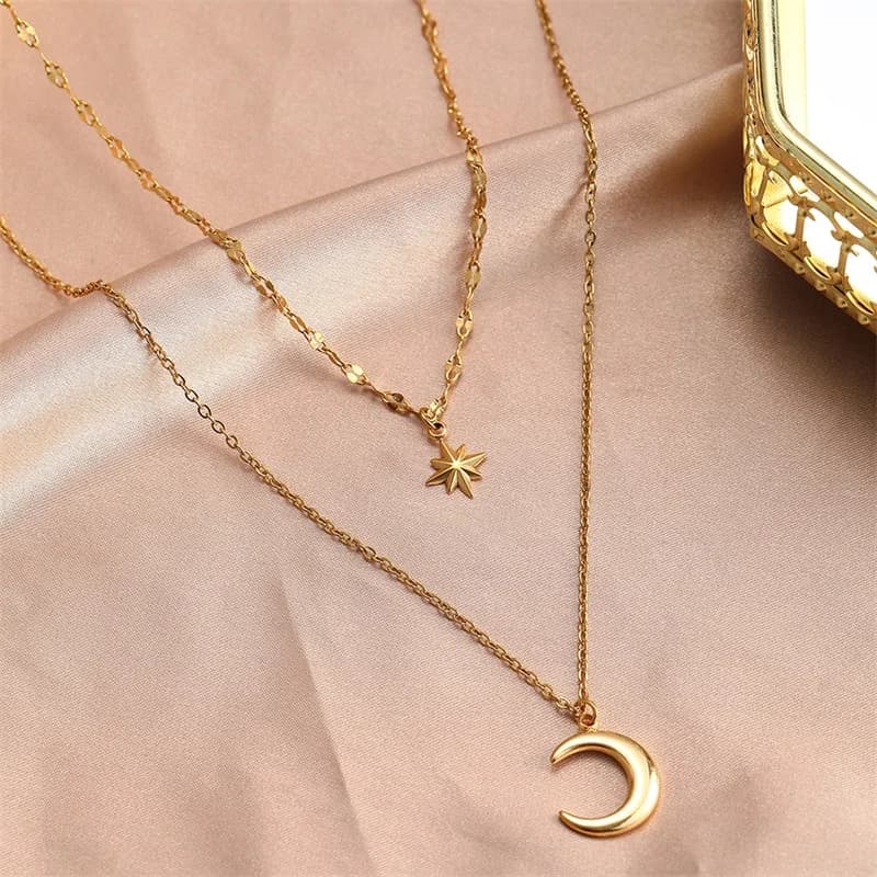 Retro Star Moon Pendant Necklace, Gold Plated