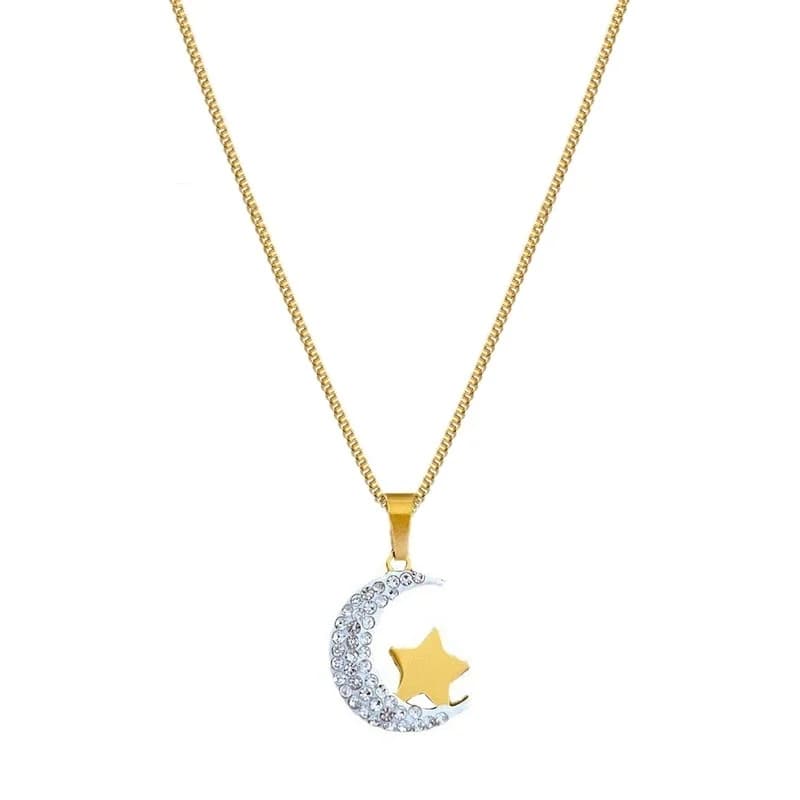 Moon Star Pendant Dangle Necklace, Stainless Steel
