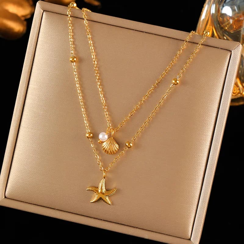 Pearl Shell Starfish Sun Charm Necklace, Gold