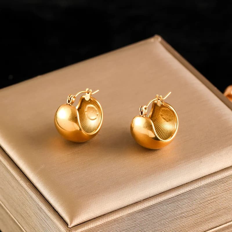 Golden Smooth Oval Stud Earrings, Stainless Steel