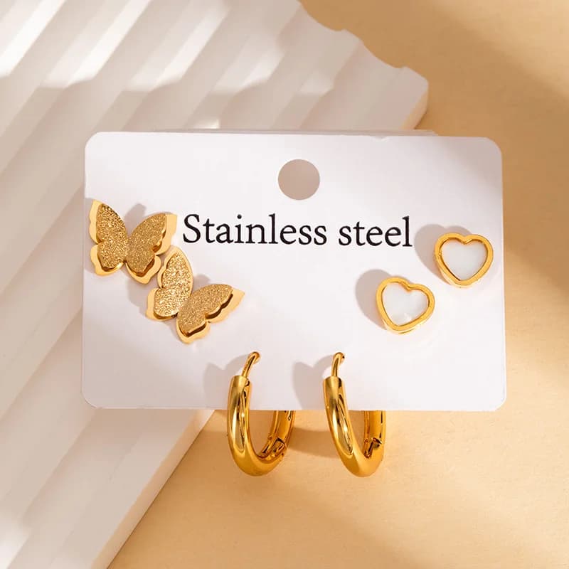 3-Pair Triangular Heart Hoop and Stud Earring Set